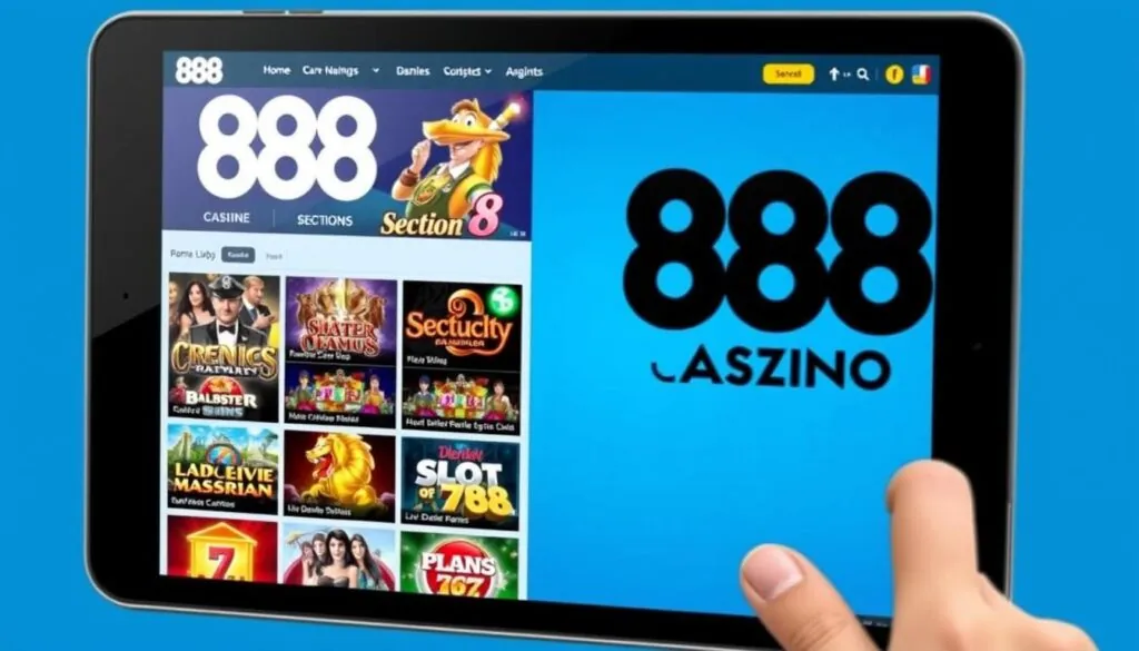 888 Casino UK game lobby showing exclusive Section8 slots and live dealer games