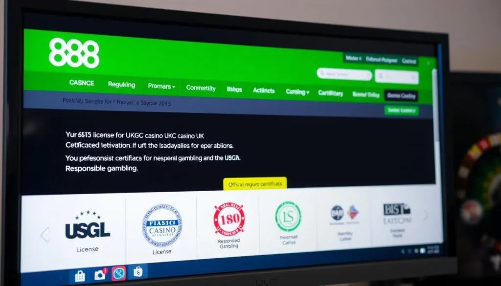 888 Casino UK licensing information and security certificates displayed on website footer
