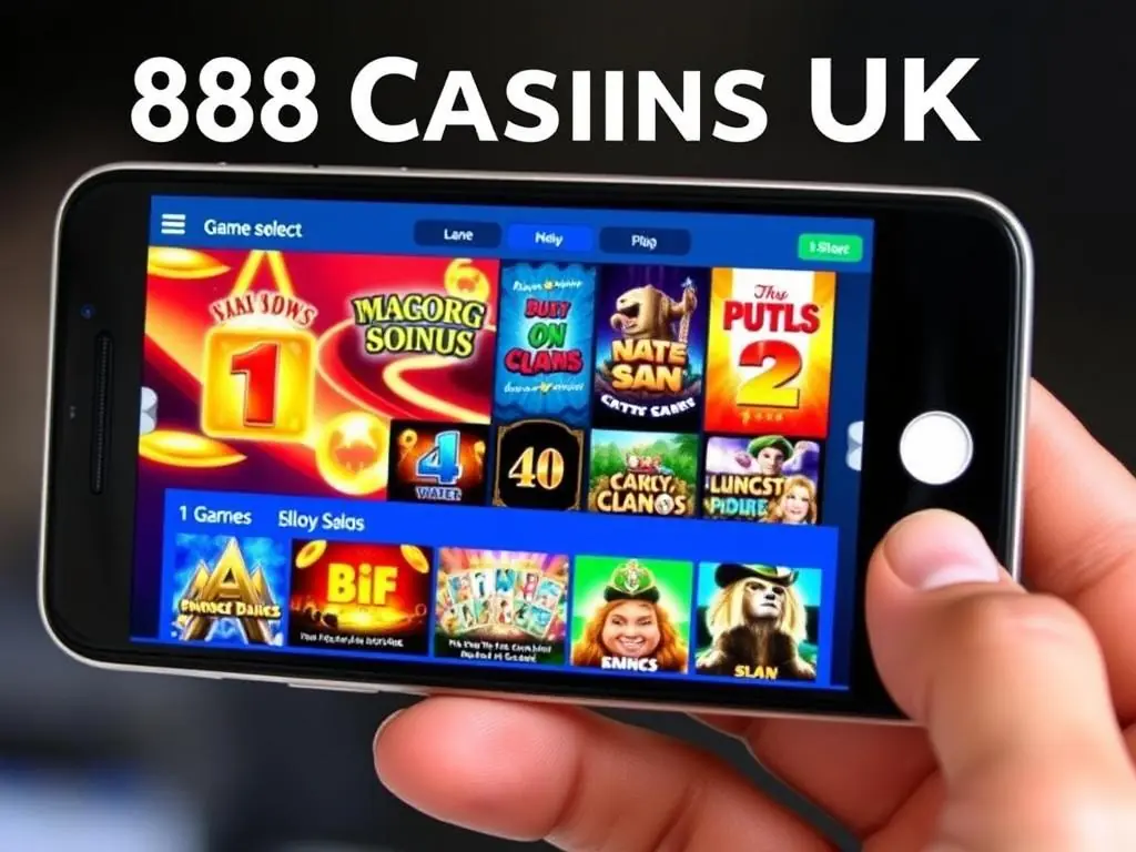 888 Casino UK mobile app shown on smartphone with game selection