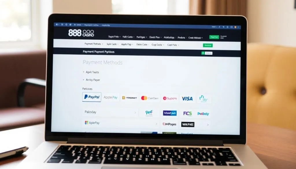 888 Casino UK payment methods page showing PayPal, debit cards and other UK options