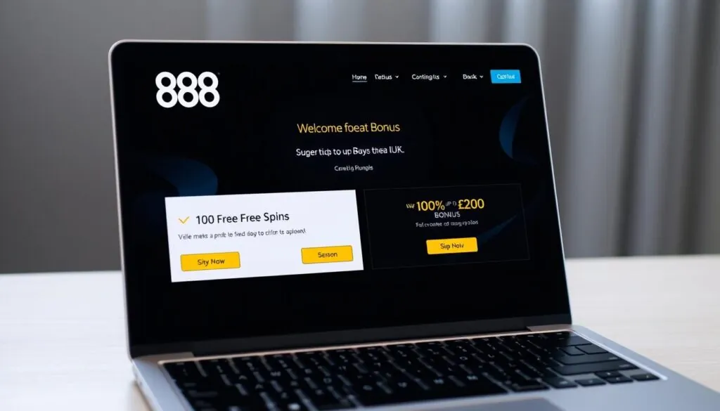 888 Casino UK welcome bonus options showing 100 Free Spins and 100% up to &pound;200 bonus offers