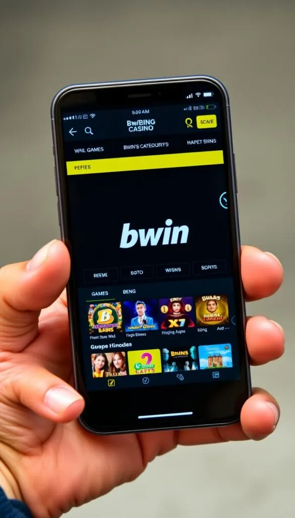 Bwin Casino UK mobile app on smartphone showing game lobby