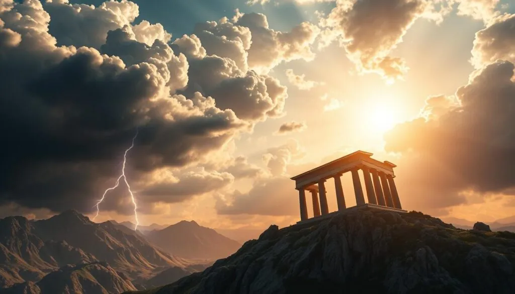 Gates of Olympus 1000 Slot featuring Zeus with lightning bolts and ancient Greek columns