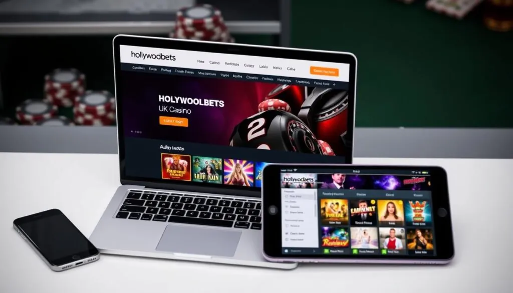Hollywoodbets Casino UK website displayed on multiple devices showing the casino lobby and game selection