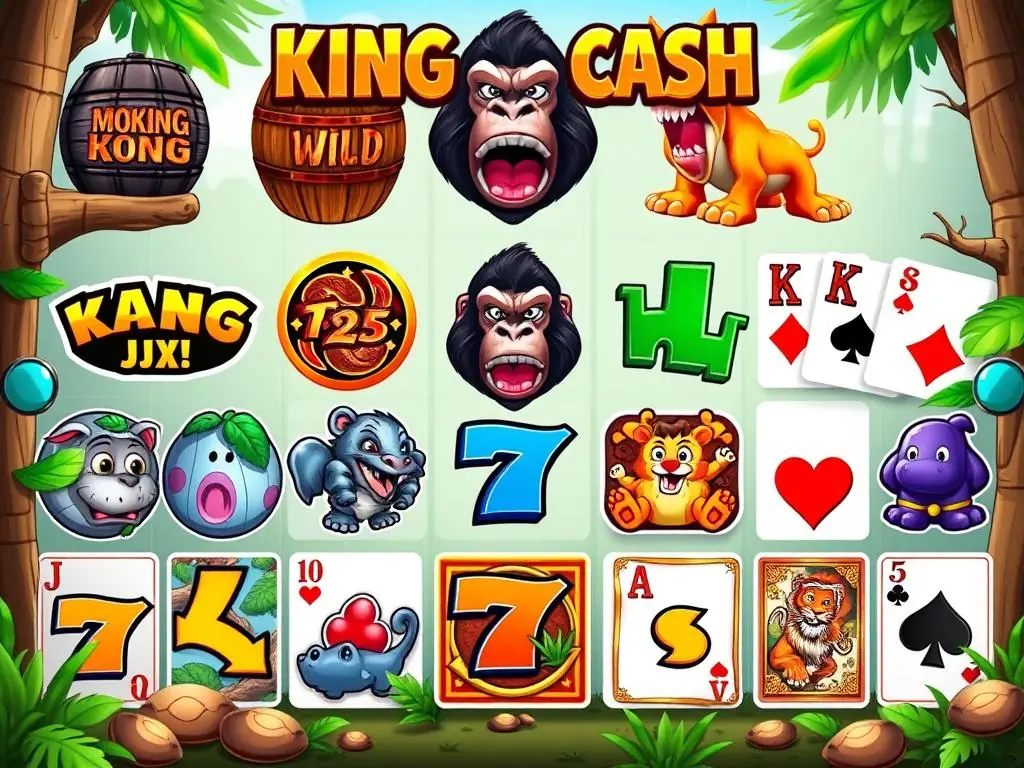 King Kong Cash Slot symbols including wild barrels and King Kong character King Kong Cash Slot symbols including wild barrels and King Kong character