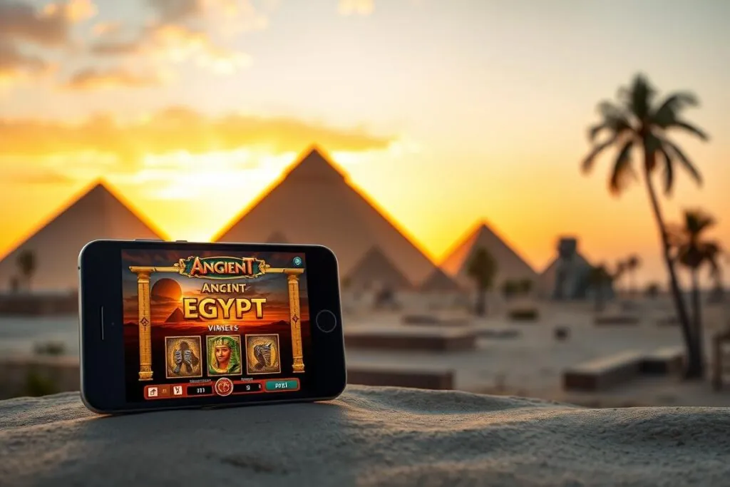 Legacy of Dead Slot being played on mobile devices with Egyptian theme background Legacy of Dead Slot being played on mobile devices with Egyptian theme background