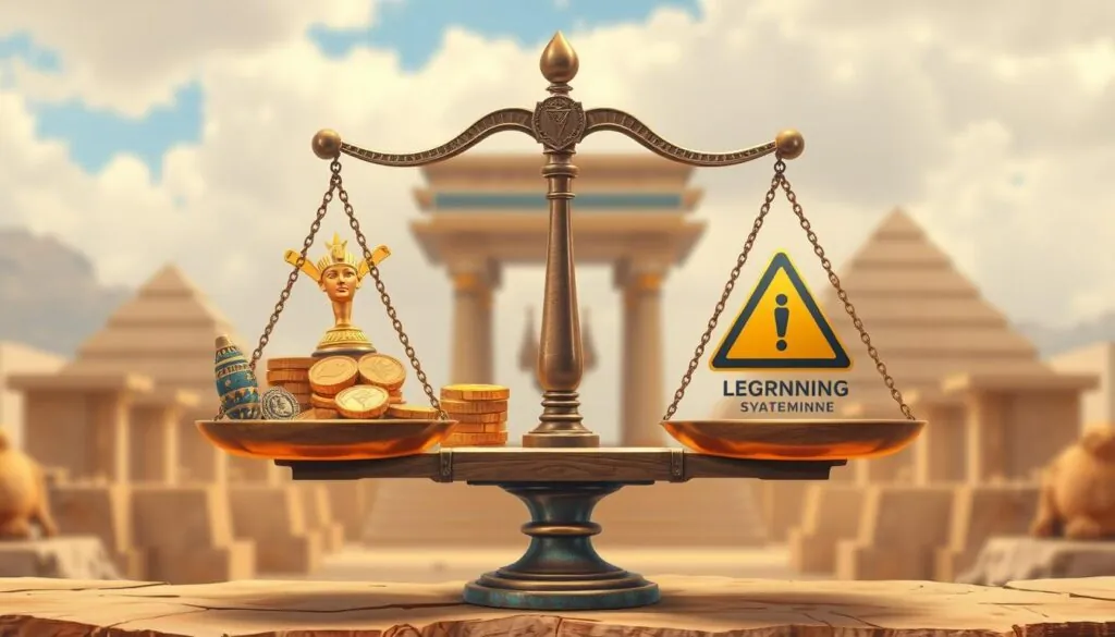 Legacy of Dead Slot pros and cons concept with scale balancing Egyptian artifacts Legacy of Dead Slot pros and cons concept with scale balancing Egyptian artifacts
