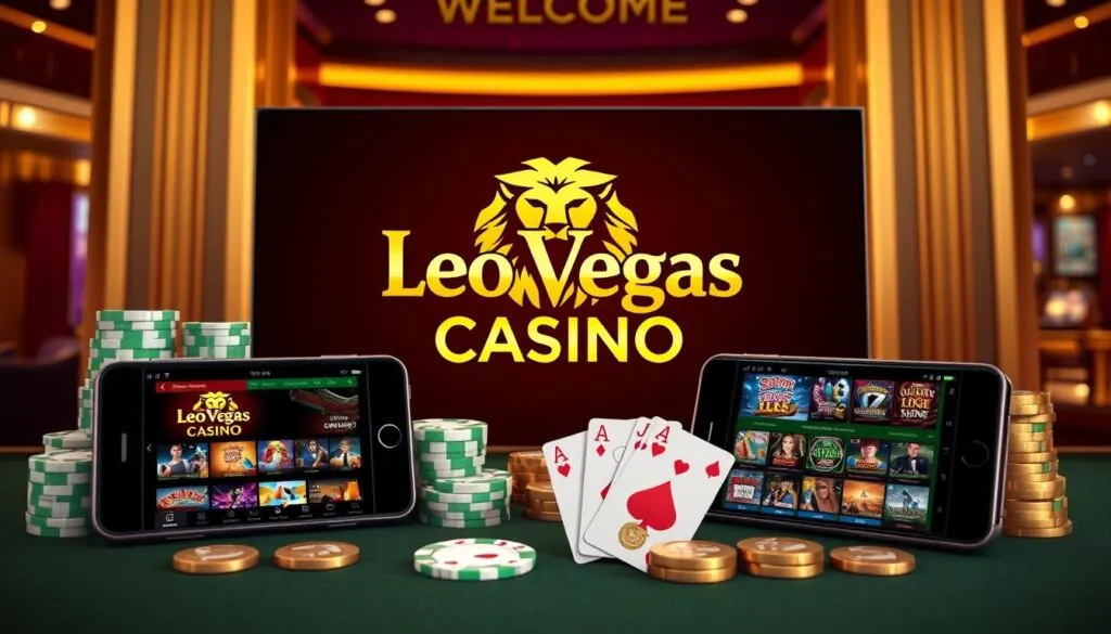 LeoVegas Casino UK welcome screen showing the lion logo and casino games
