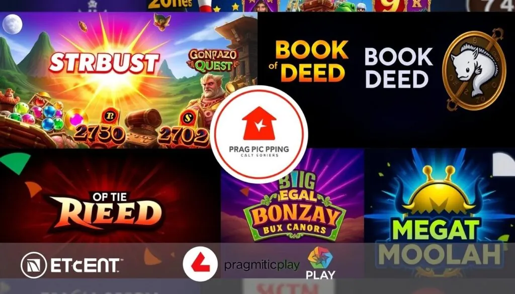 Popular slot games at best online casinos 2025 showing Starburst, Gonzo's Quest and Book of Dead