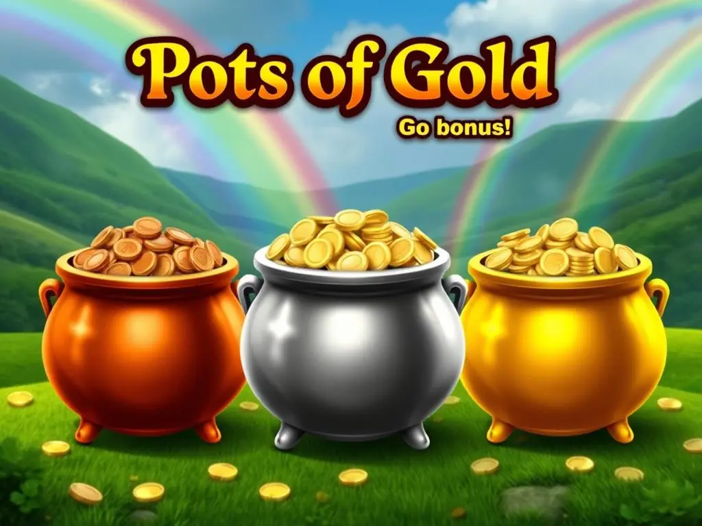 Rainbow Riches Pots of Gold bonus feature concept with bronze, silver and gold pots Rainbow Riches Pots of Gold bonus feature concept with bronze, silver and gold pots