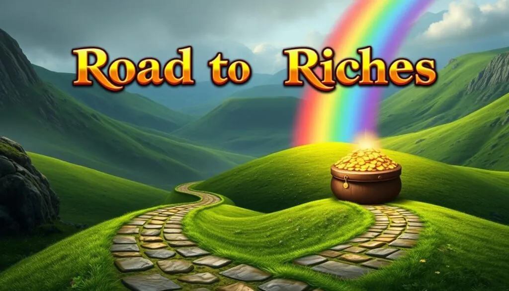 Rainbow Riches Road to Riches bonus feature concept with path leading to pot of gold Rainbow Riches Road to Riches bonus feature concept with path leading to pot of gold