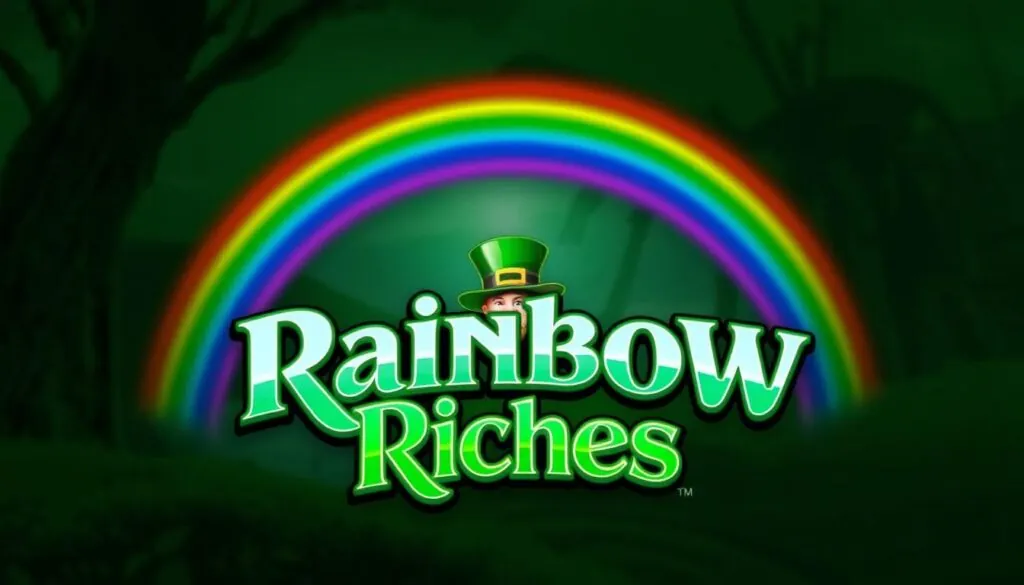 Rainbow Riches Slot game logo showing the iconic leprechaun character and rainbow theme