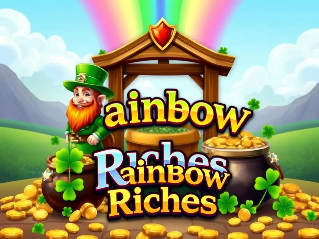 Rainbow Riches Slot symbols including the leprechaun, wishing well, and pots of gold Rainbow Riches Slot symbols including the leprechaun, wishing well, and pots of gold