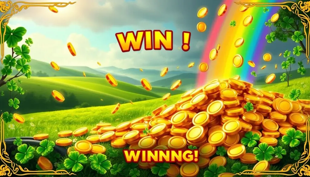 Rainbow Riches Slot winning concept with gold coins and rainbow Rainbow Riches Slot winning concept with gold coins and rainbow