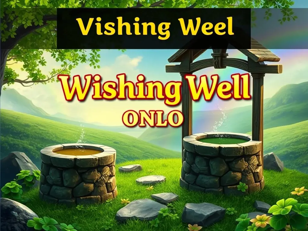 Rainbow Riches Wishing Well bonus feature concept with stone wells in an Irish landscape Rainbow Riches Wishing Well bonus feature concept with stone wells in an Irish landscape