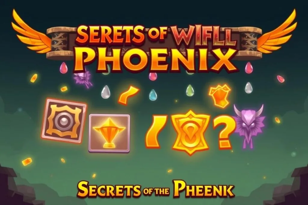 Secrets of the Phoenix Slot cascading reels mechanic illustration showing symbols falling into place Secrets of the Phoenix Slot cascading reels mechanic illustration showing symbols falling into place