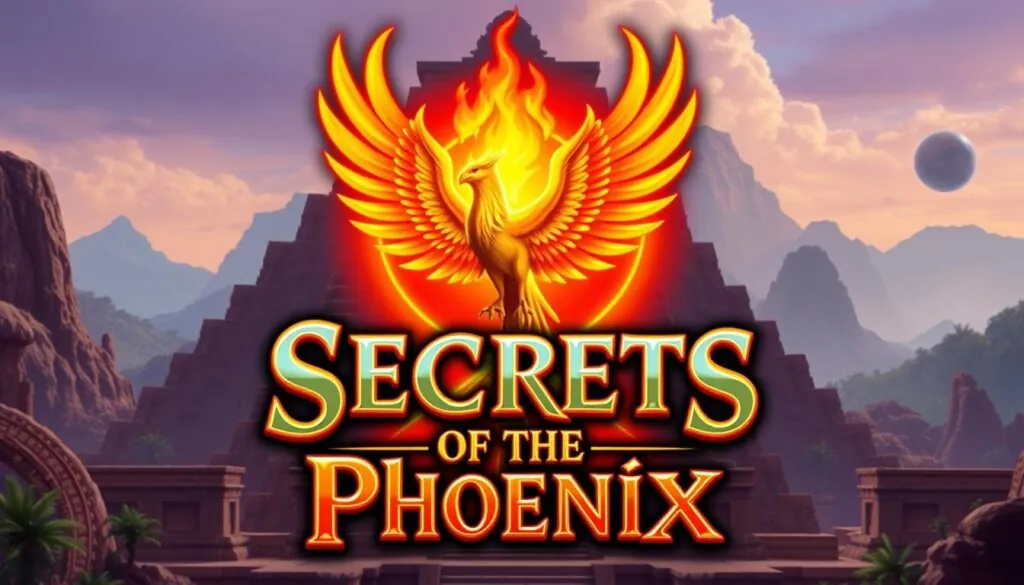 Secrets of the Phoenix Slot game logo with mythical phoenix rising from flames against ancient temple backdrop
