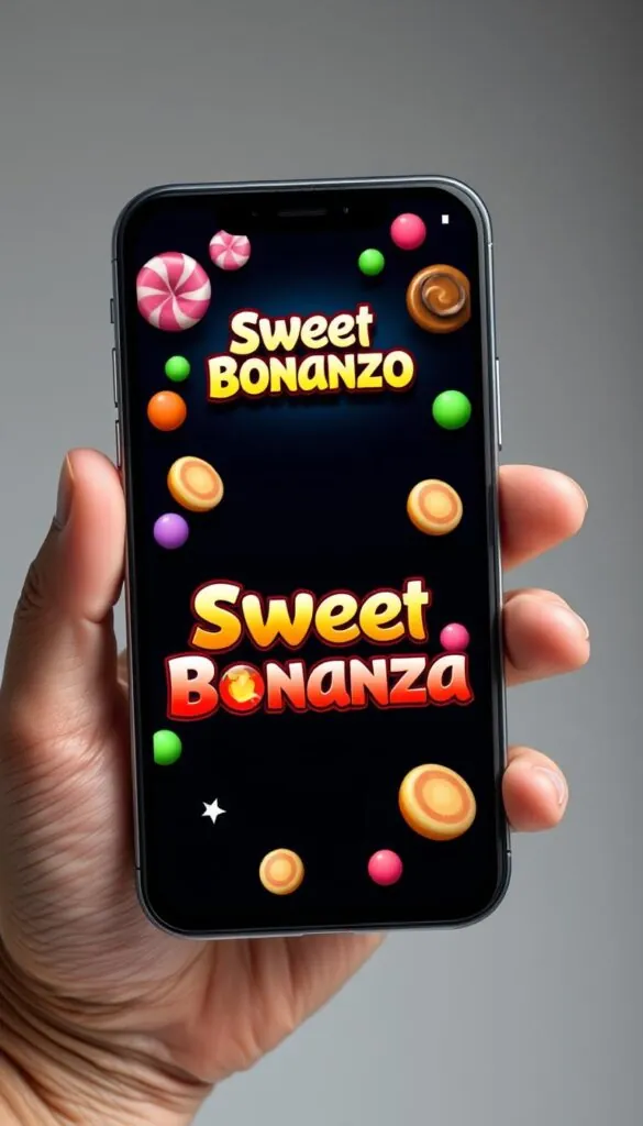 Sweet Bonanza Slot being played on a mobile phone with candy symbols visible
