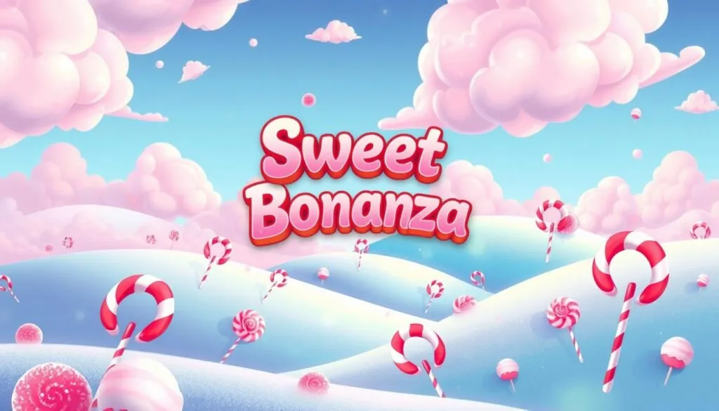 Sweet Bonanza Slot colorful candy landscape with cotton candy clouds and lollipop hills