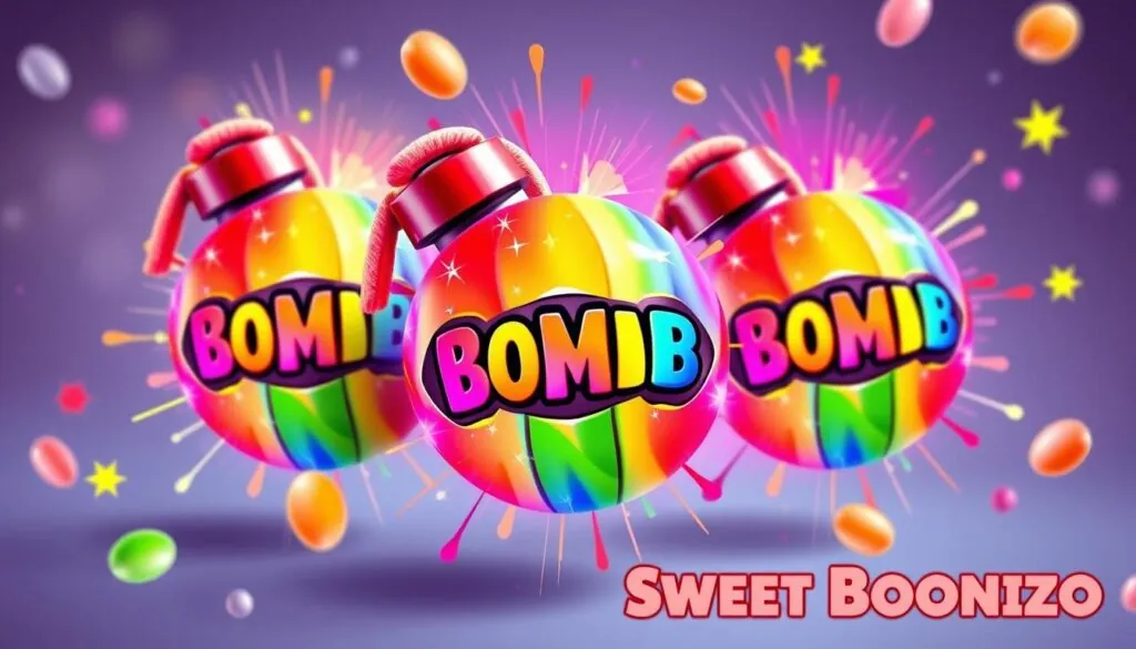 Sweet Bonanza Slot rainbow bomb multiplier symbols with colorful explosion effects