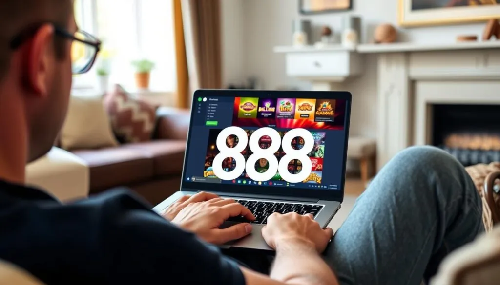 UK player enjoying 888 Casino games on laptop in home setting