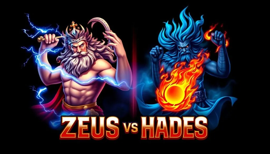 Zeus vs Hades Slot logo featuring the two Greek gods in battle stance